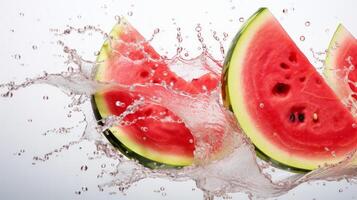 Splash of water and watermelon part on white background. Neural network photo