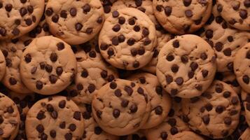 Chocolate chip cookies with melting chocolate, top shot on brown paper. Neural network photo