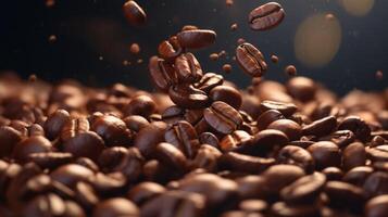 Roasted coffee beans falling on heap against brown background. Neural network photo