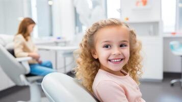 Cute baby girl sitting in a dental chair and looking at the camera. Neural network photo