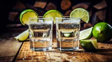 Gold tequila shot with lime fruits on black background. Neural network photo