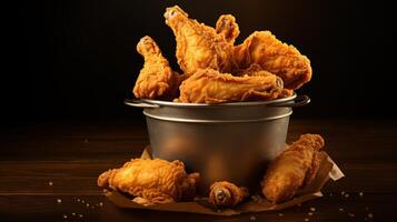 Crispy fried chicken in the bucket. Chicken bucket. Neural network photo