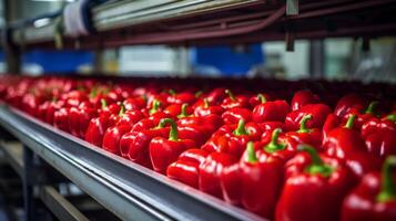 Sorting of red bell peppers on a conveyor belt during harvest. Neural network photo