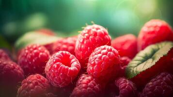 Branch of ripe raspberries in a garden on blurred green background. Neural network photo