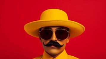 Funny man with mustache and bright clothes on red background. Neural network photo