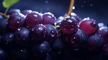 Purple grapes close-up in water droplets. Grape berries in selective focus. Neural network photo
