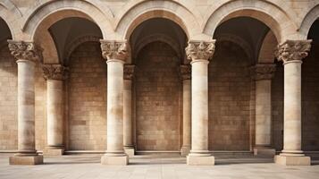 Old ancient columns in building of medieval architecture. Neural network photo