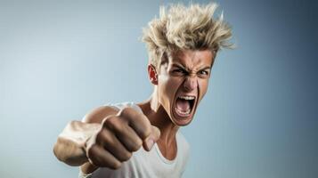 Angry teenager points his finger to us in rage. Neural network photo