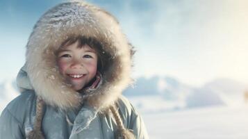 Attractive smiling eskimo kid with fur hood and warm clothes in winter scenery. Neural network photo