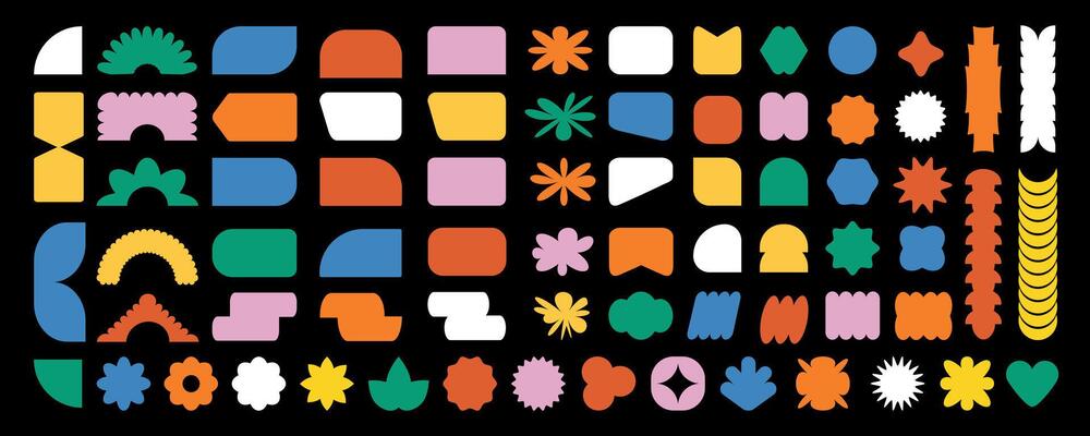 Minimal abstract geometric elements, in the Bauhaus style. Trendy brutalism colorful Y2K shapes.