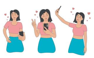 Young woman taking selfie set vector