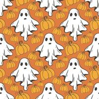 Seamless pattern with flying ghosts and pumpkins vector