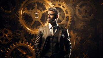 Handsome bearded businessman with background of gears system. Neural network photo