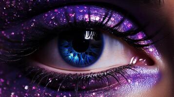 Eye close up with abstract purple cosmic reflections. Neural network photo