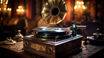 A cute record player on a wooden table in a corner of a dark room. Neural network photo