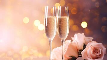 Concept with the rose and glasses of champagne in beige bokeh background. Neural network photo