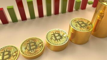 Golden bitcoin coins are stacked on a table video