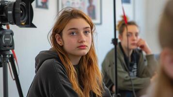 A girl sitting in front of a camera photo