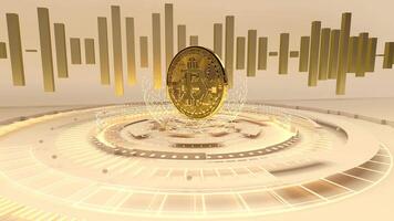 A bitcoin is sitting on a circular table with a gold background video