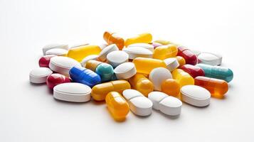 Many colored capsule pills on white background. Neural network photo