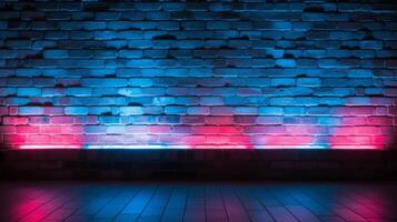 Brick Wall Background, Rough Concrete With Glowing Red Blue Lights. Neural network photo