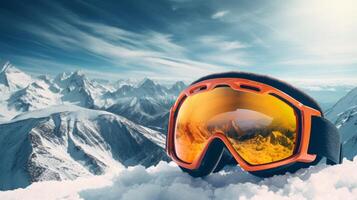 Snowboarding ski mask glasses with reflection of snowy mountains. Neural network photo
