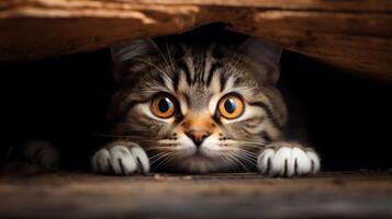 Young cat curiously peeking out from behind the dark background. Neural network photo