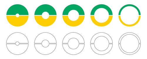 Donut charts, pies segmented on 2 equal parts. Set of infographic multicoloured diagrams. Wheels divided in two sections. Circle section graphs. Pie, pizza charts round icons. Loading bar templates. vector