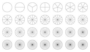 Diagram wheel parts from 1 to 28. Segmented charts template. Sectors divide the circle on equal parts. Coaching blank. Pizza, pie charts. Segments infographic. Outline black graphics. vector