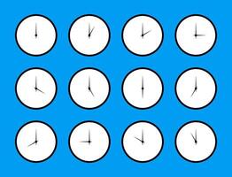Clock icons. Time symbol. Watch faces. Round clocks faces with different time. Flat template. vector
