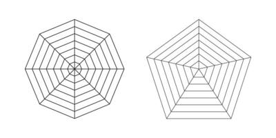 Octagon, pentagon radar, spider diagram template. Spider mesh. Diagrams for statistic and analytic. Polygon graphs. Blank radar charts. Coaching tool, lifestyle balance wheel. Segmented black grid. vector