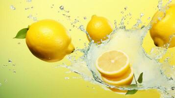 Flying fresh lemon with lemon slice on light background. Neural network photo