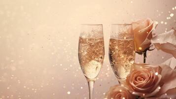 Concept with the rose and glasses of champagne in beige bokeh background. Neural network photo