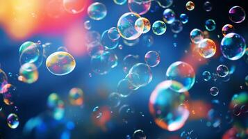 Soap bubbles on colorful blurred background. Neural network photo