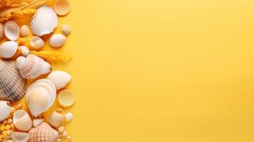 Many different seashells on bright yellow background. Neural network photo