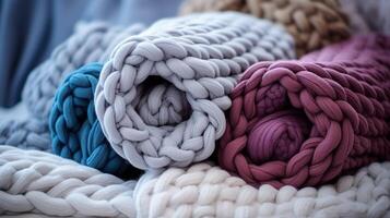 A pile of plush blankets. Knitted by hand warm blankets for cozy home yarn with loops. Neural network photo