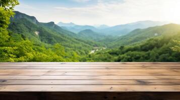 Empty wood table top with blur background of mountain and green nature. Neural network photo