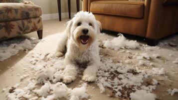 Naughty dog. Cute sorry looking guilty dog with chewed up stuffing mess. Neural network photo