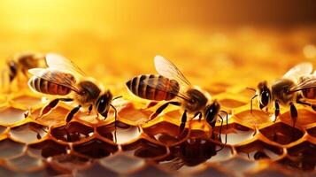 Close up view of the working bees on honeycells. Neural network photo