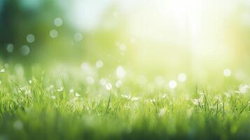 Beautiful wide format image of a pristine forest lawn with fresh grass. Neural network photo