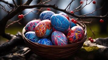 Colorful Easter eggs and narcissus flowers in green grass. Neural network photo