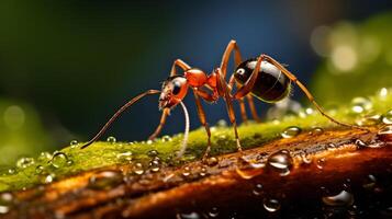 Red ants are looking for food on green branches. Neural network photo