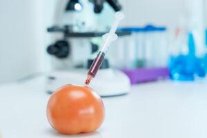 chemical food residues in laboratory. Control experts inspect quality of fruit, scientists inject chemicals into apples for experiments, hazards, prohibited substance, contaminate photo