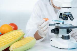 Scientist check chemical food residues in laboratory. Control experts inspect quality of fruits, vegetables. lab, hazards, ROHs, find prohibited substances, contaminate, Microscope, Microbiologist photo