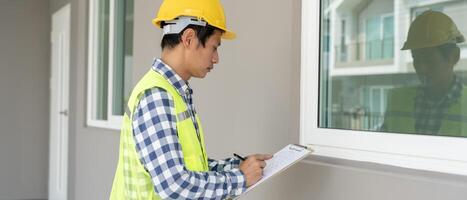 inspector or engineer is inspecting construction and quality assurance new house using a checklist. Engineers or architects or contactor work to build the house before handing it over to the homeowner photo