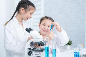 Children Scientist education scientific in laboratory. Medical child learning, Biotechnology, discover, imagine, executive function, kid, education, intelligence quotient, emotional quotient photo