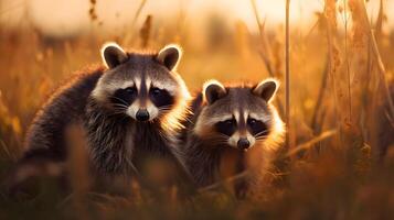 Two raccoons in a field at sunset. Neural network photo