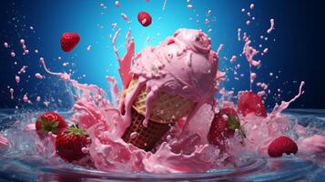 Splash and drops yogurt, milk, ice cream from falling ripe red strawberries. image photo