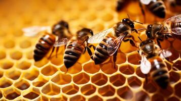 bee on honeycombs with honey slices nectar into cells. Neural network photo