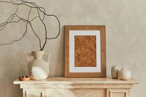 Minimalistic composition of living room interior with wooden mpck up poster frame, design elegant vases and personal accessories. Neutral colors. Template. photo